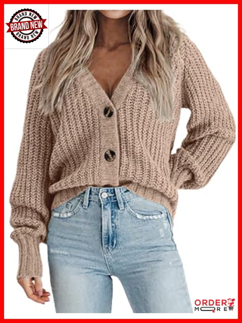 Chunky Knit Button Down Cardigan Long Sleeve V-Neck Sweater